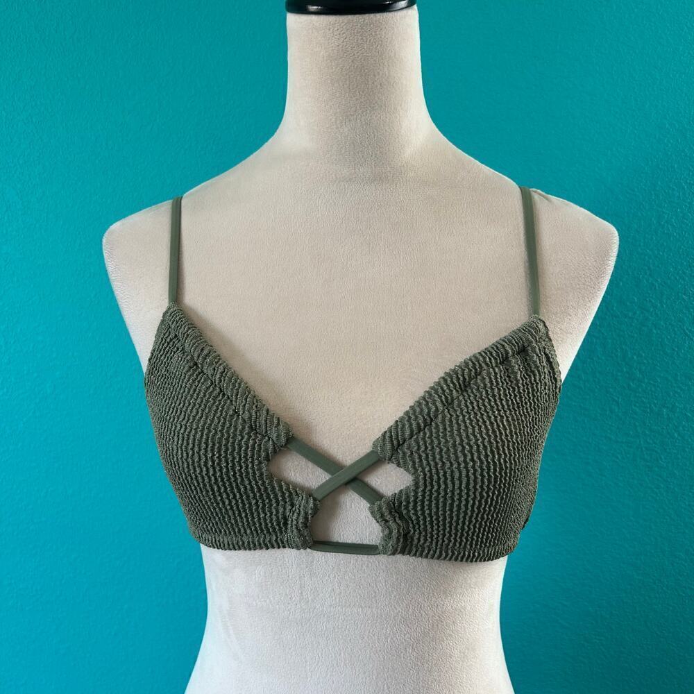NWT Aerie Shimmery Crinkle Lace Up Scoop Bikini Top Olive Fun Swim Beach - Picture 3 of 5
